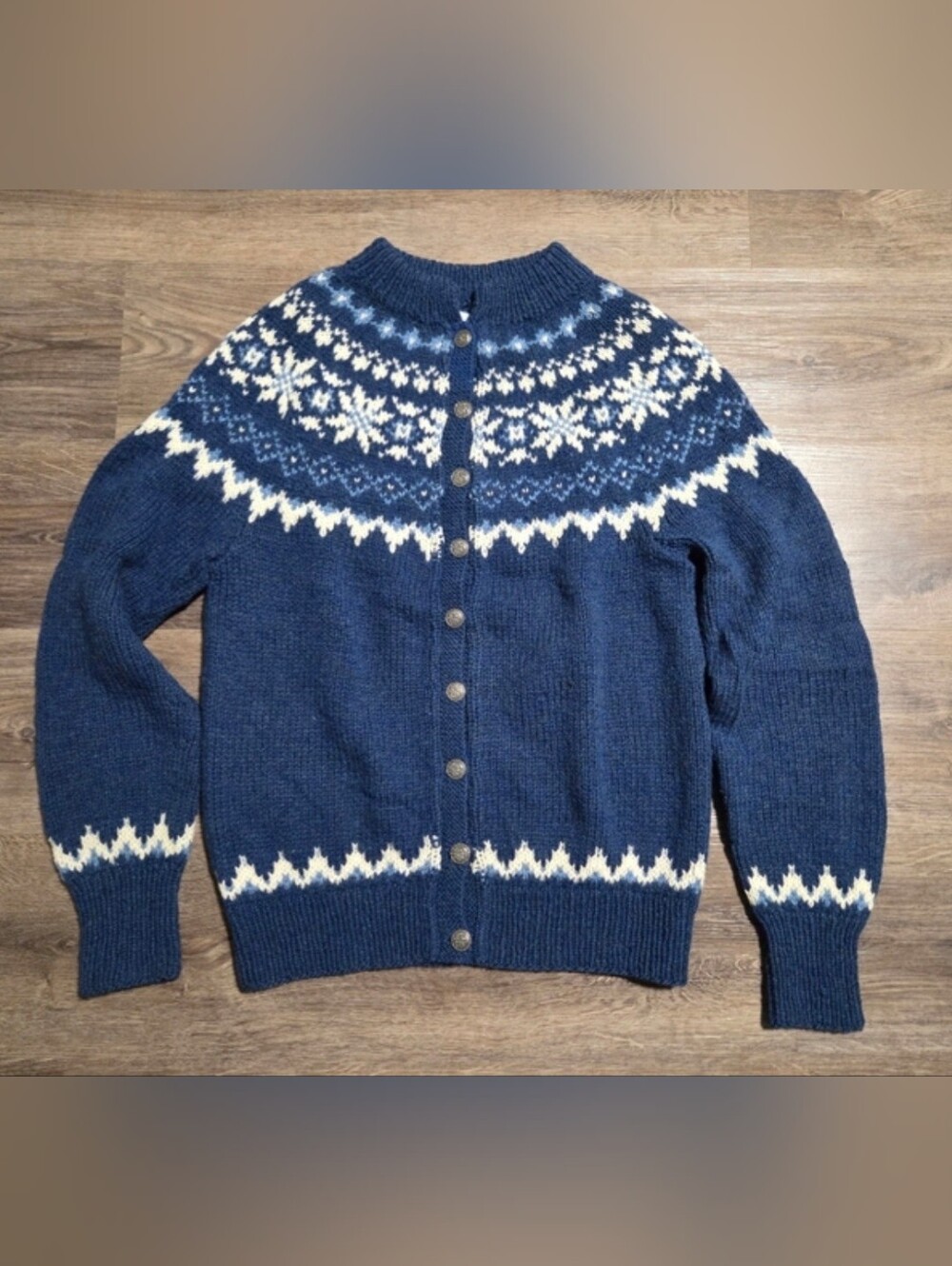 Vintage Danspun Wool Danish Handknit Navy Fair Isle Button-Front Wool Cardigan